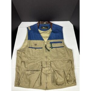 Vintage Field & Stream Tactical Hunting/Fishing Linen Vest Leather Trim Sz Med